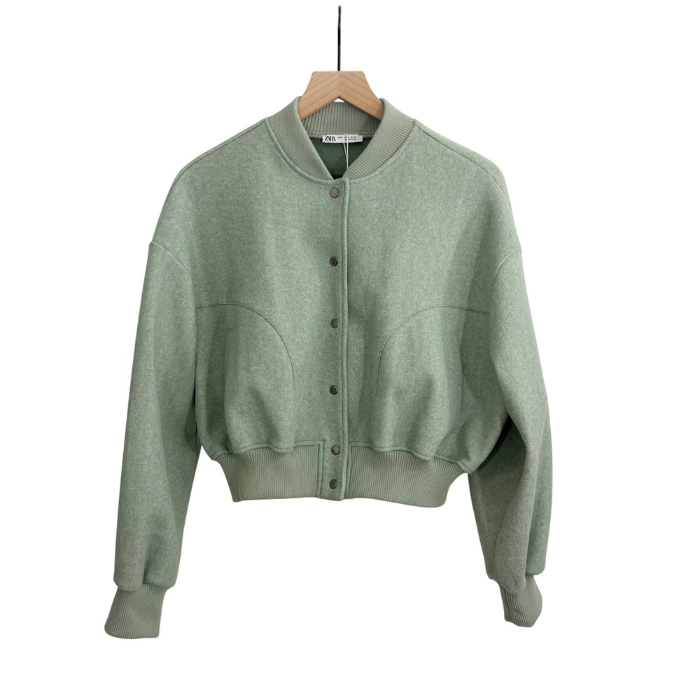 Zara Cropped Soft Bomber Jacket Green Small Scandi Minimalist Streetwear Chic